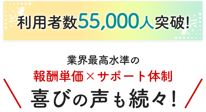利用者数55,000人突破!業界最高水準の報酬単価×サポート体制 喜びの声も続々!